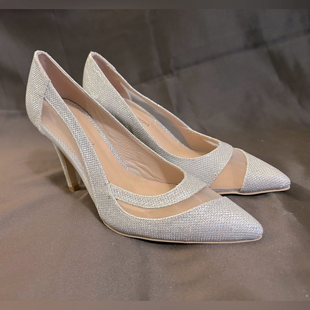 Glitter Lace Mesh Dress Heel Shoes Silver size 7.5